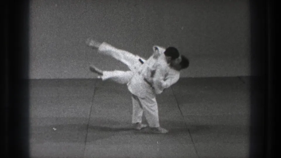A karate practitioner in a white gi executes a throw as the other adult is lifted sideways above the mat in the Tokyo training room.