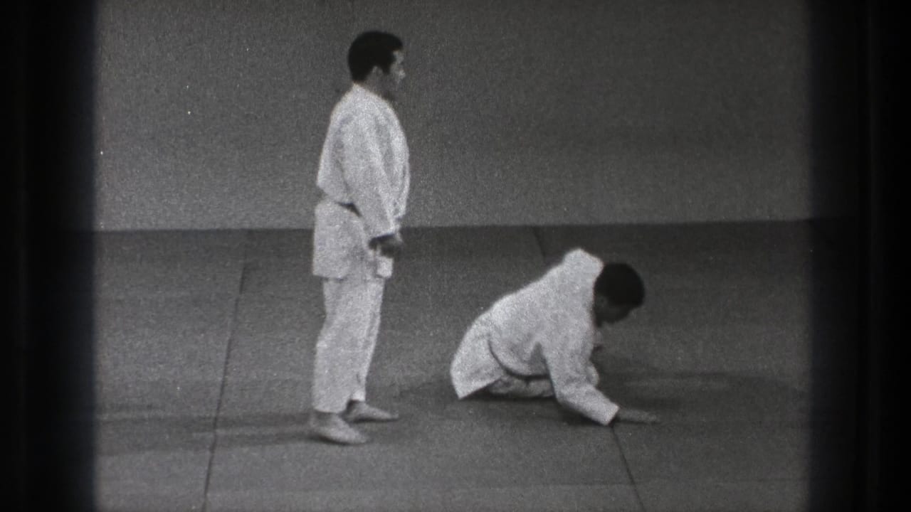 One adult karate practitioner stands with hands lowered while the other sits up from the mat in the Tokyo indoor practice space.