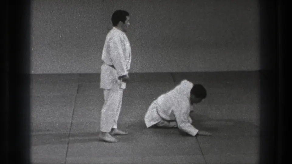 One adult karate practitioner stands with hands lowered while the other sits up from the mat in the Tokyo indoor practice space.