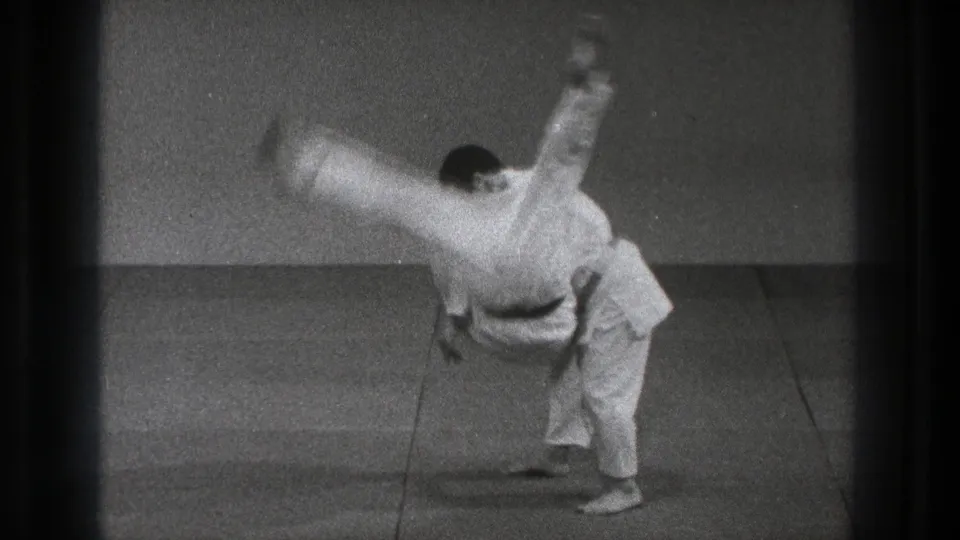 A judo throw is underway as one practitioner turns and lifts the other across his back in the Tokyo demonstration footage.