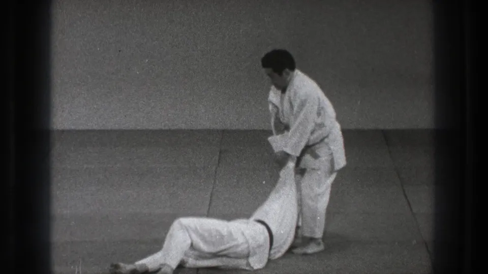 After the throw, one adult practitioner stands while holding the arm of the other, who is lying back on the mat.