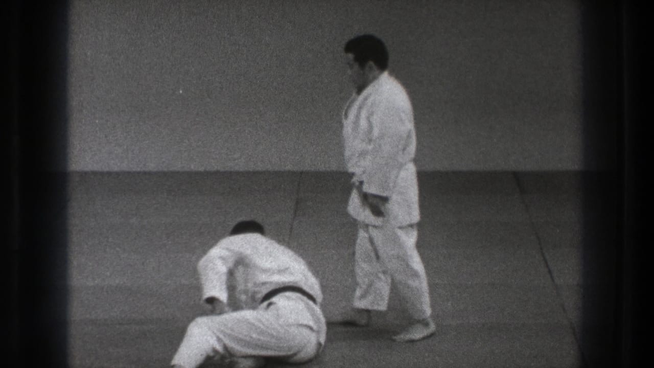 At the end of the short demonstration, one judo practitioner is down on the mat while the other stands beside him.