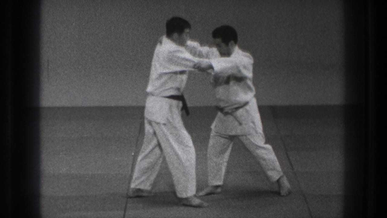 The karate partners demonstrate an arm defense or block, with one practitioner stepping forward and the other receiving the motion.