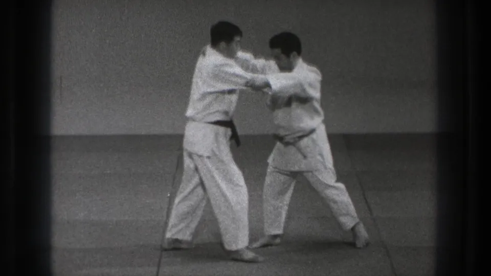The karate partners demonstrate an arm defense or block, with one practitioner stepping forward and the other receiving the motion.