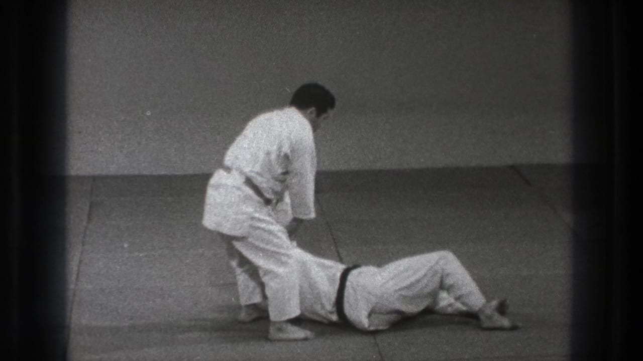 A judo-style throw concludes as one adult practitioner stands over another who has landed on the mat in the Tokyo dojo footage.