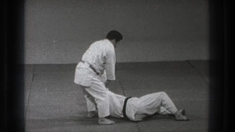 A judo-style throw concludes as one adult practitioner stands over another who has landed on the mat in the Tokyo dojo footage.