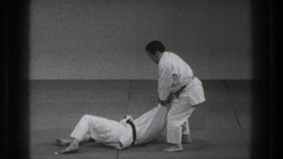 A martial artist stands over his grounded training partner after a throw in the Tokyo dojo footage.