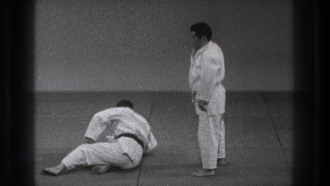 The thrown partner remains on the mat while the other martial artist stands beside him in the training room.