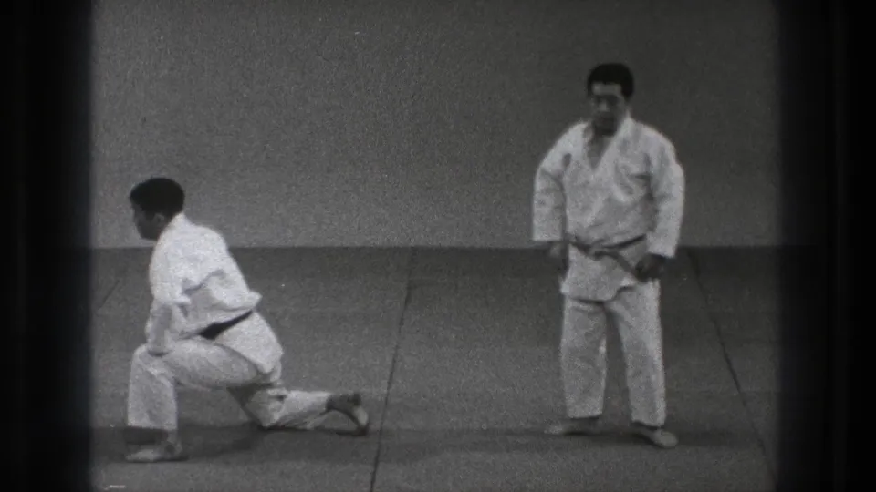 Both martial artists reset after the throw, with one kneeling and the other standing in the Tokyo training space.