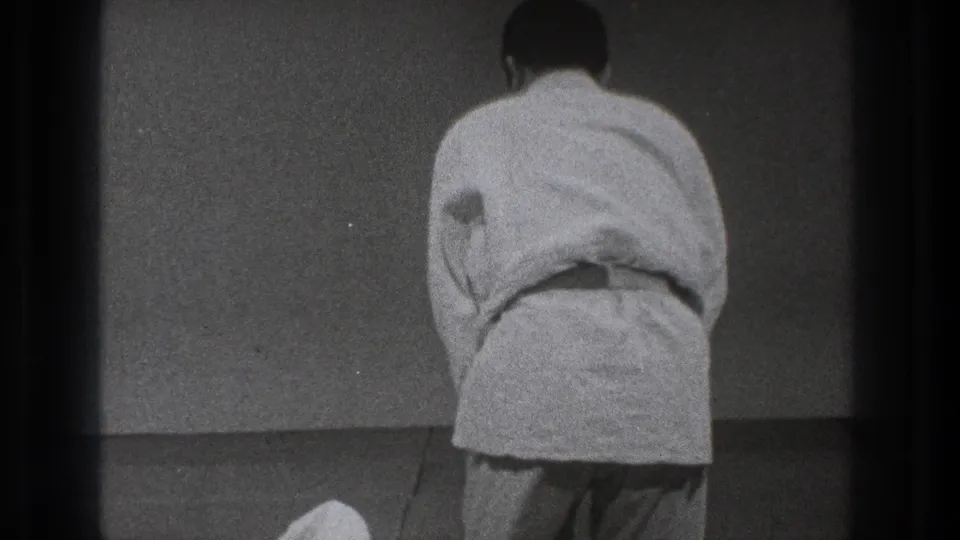 A man in a white gi stands with his back to the camera on the mat, following the completed throw in the Tokyo practice sequence.