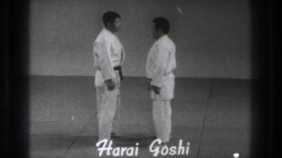 The two adult practitioners stand on the mat while a hand-lettered Harai Goshi title identifies the demonstrated technique.