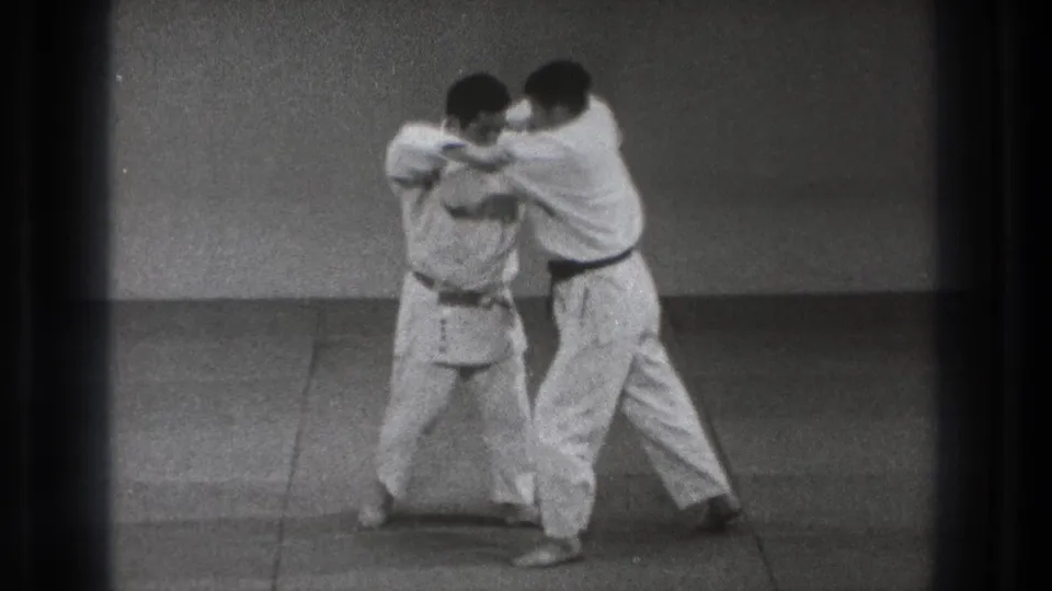 The karate drill continues as one man pivots or bends while the other maintains close control in the indoor Tokyo practice scene.