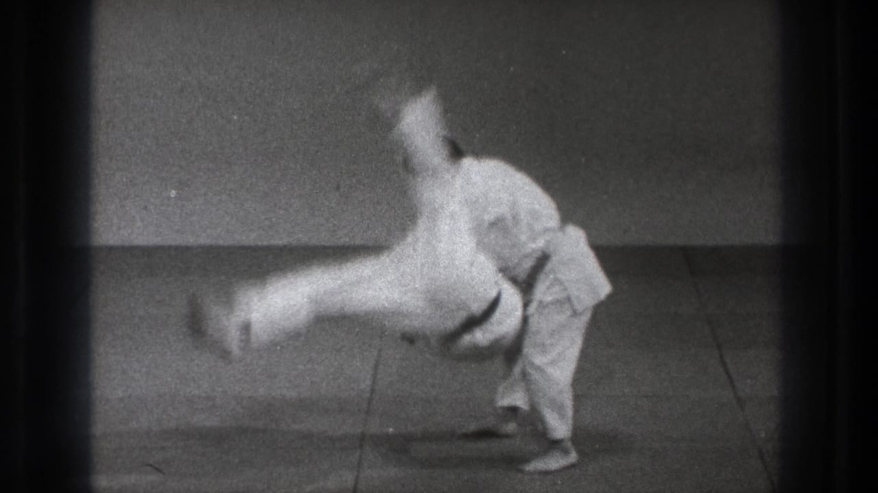 Two men in white martial arts gi as one performs a high kick during a demonstration.
