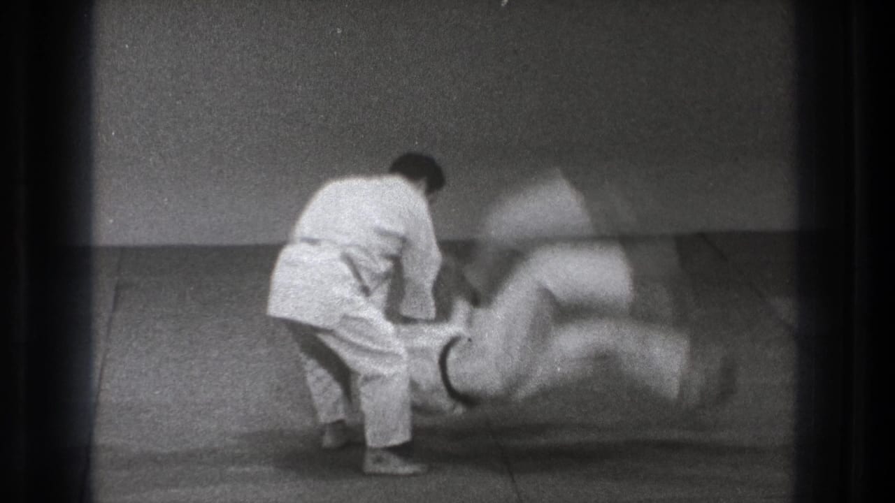 Two men in white gi perform a karate throw on an indoor mat.