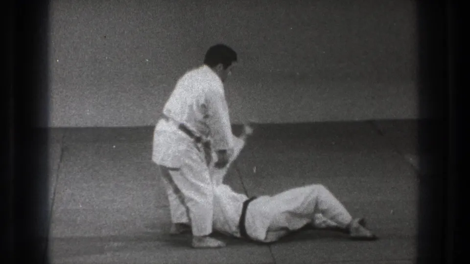 During the Tokyo karate demonstration, one practitioner stands over a partner who has landed on the mat after a throw.