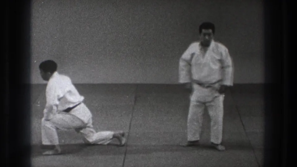 In the Tokyo judo clip, one adult practitioner kneels on the tatami while the other stands facing the camera after the exchange.