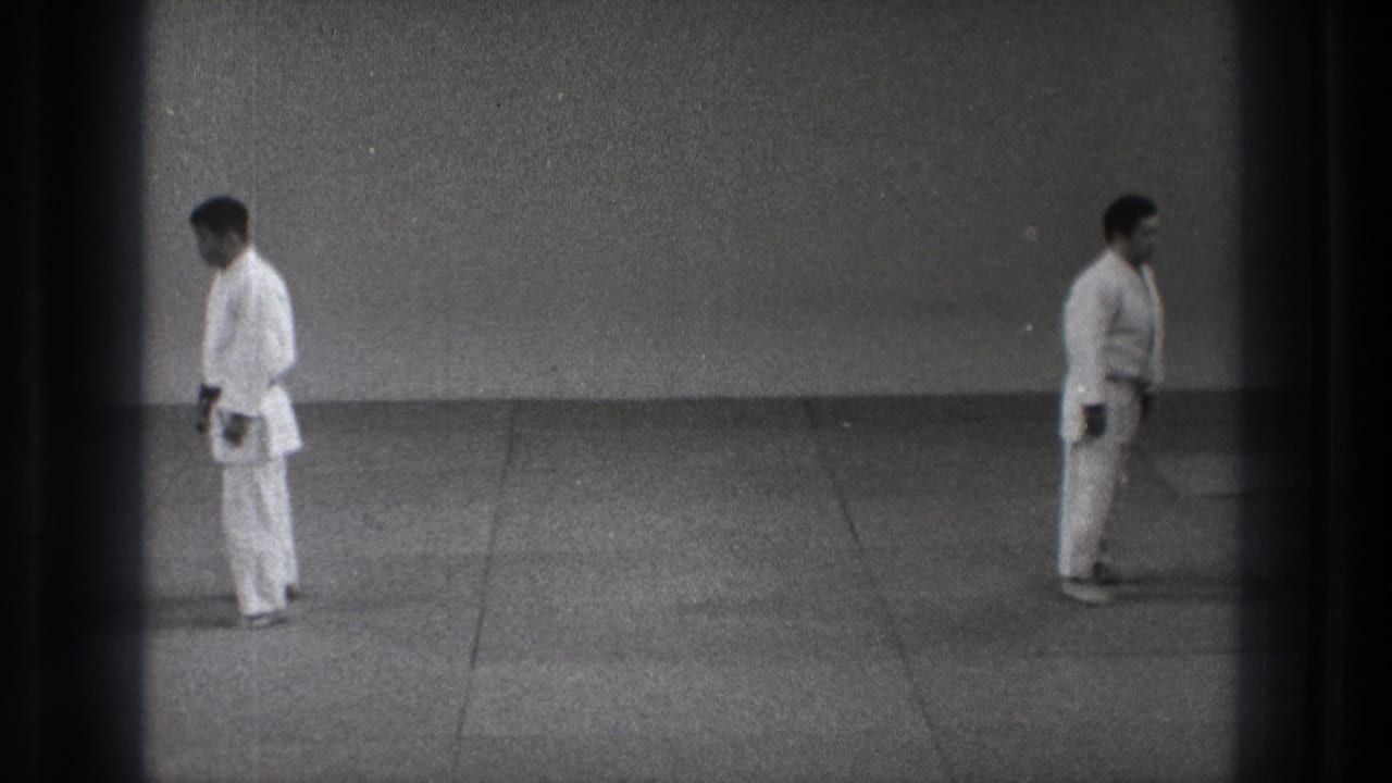 Two judo practitioners in white uniforms stand apart on a mat.