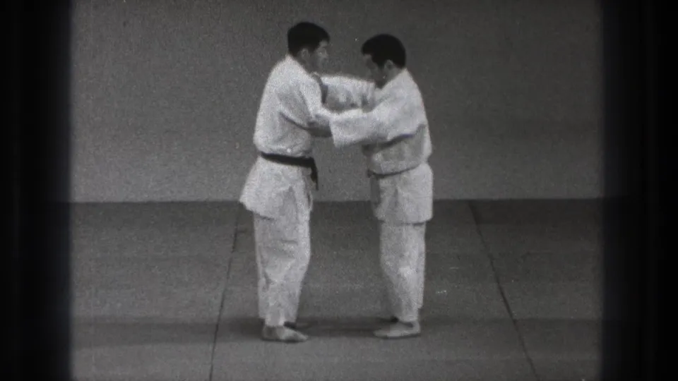 Two adult men in white gi hold arm positions on a tatami-style mat, demonstrating a controlled martial arts contact technique in Tokyo.