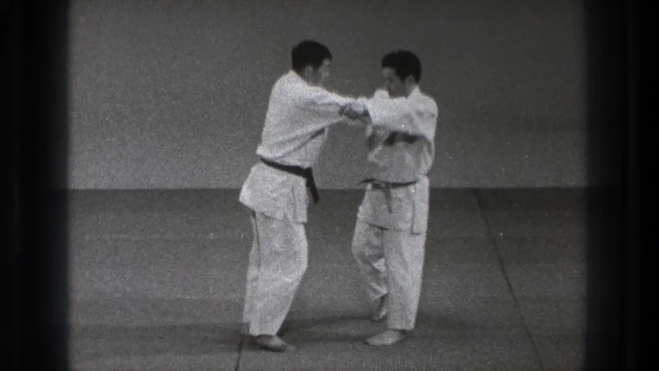 The black-belt practitioner appears to secure his partner's arm during a controlled karate defense demonstration in Tokyo.