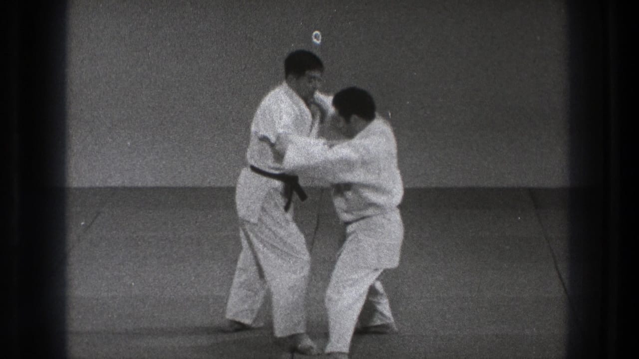The partners move into close-range contact, with one turning into the other during the controlled karate technique.