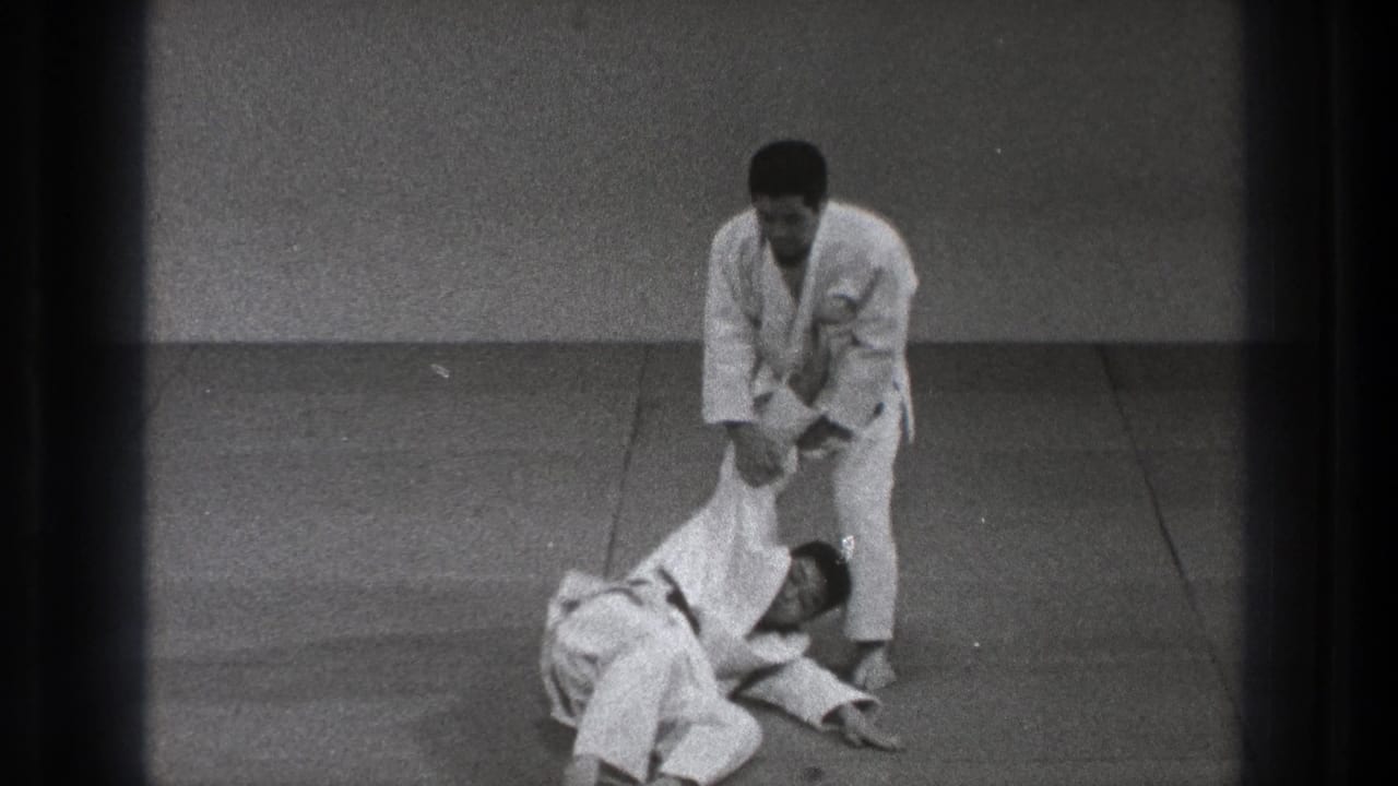 At the end of the technique, one adult practitioner stands over his partner, who is down on the practice mat.