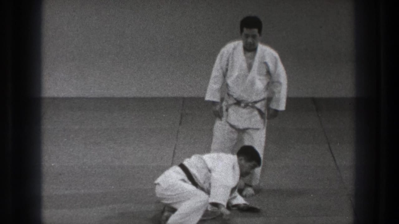 In the Tokyo martial arts practice scene, one adult man stands as the other recovers on the mat after a technique.