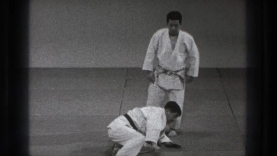 In the Tokyo martial arts practice scene, one adult man stands as the other recovers on the mat after a technique.