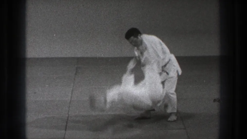 The instructor completes the karate defense by pulling his partner off balance and throwing him down onto the mat.