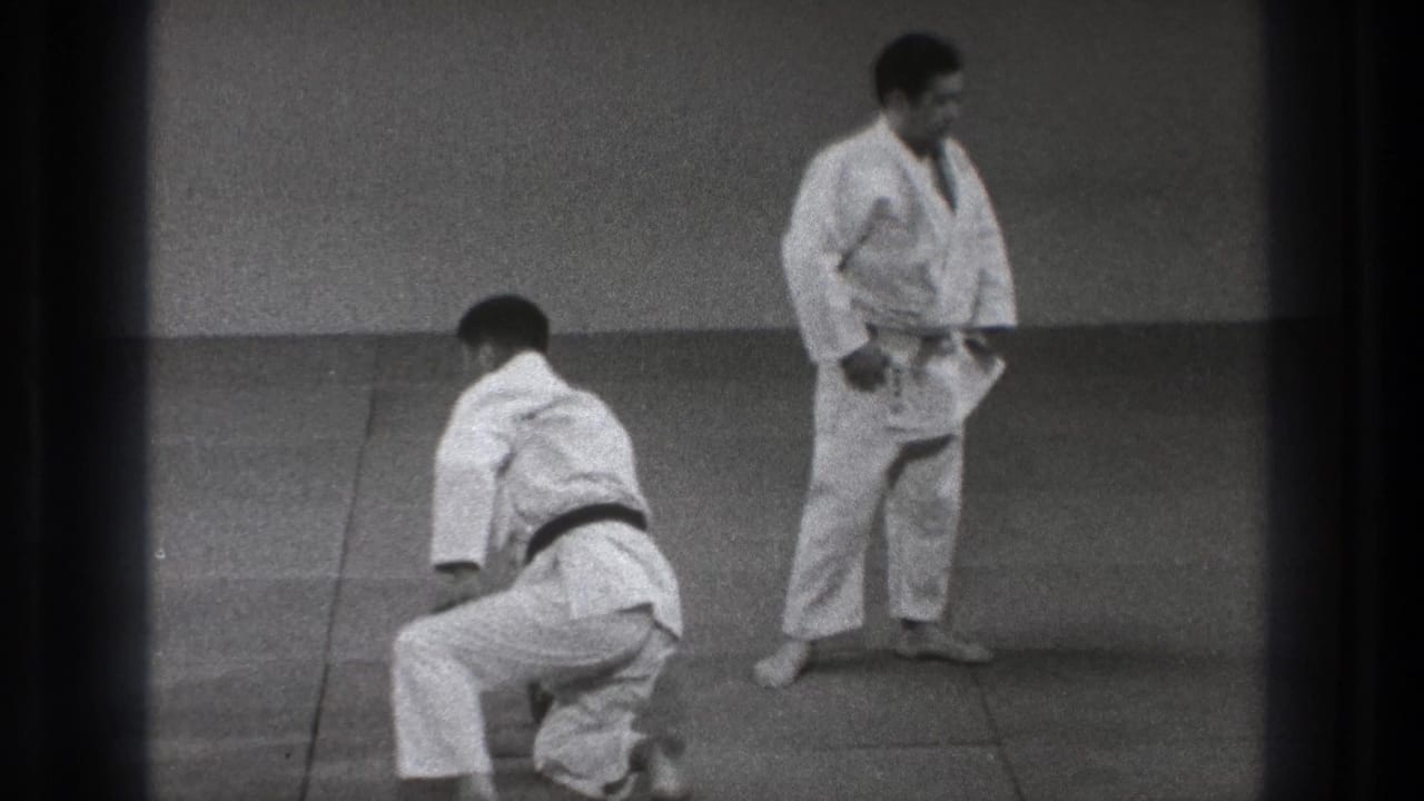 One judo practitioner rises from the mat while another stands to the side in a white uniform.