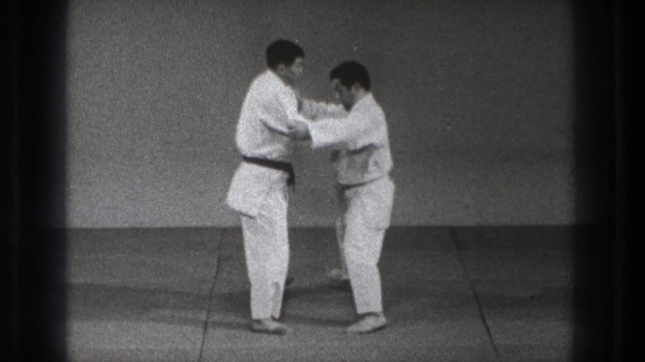 The two adult practitioners continue a controlled karate or judo-style grappling movement in the plain indoor training space.