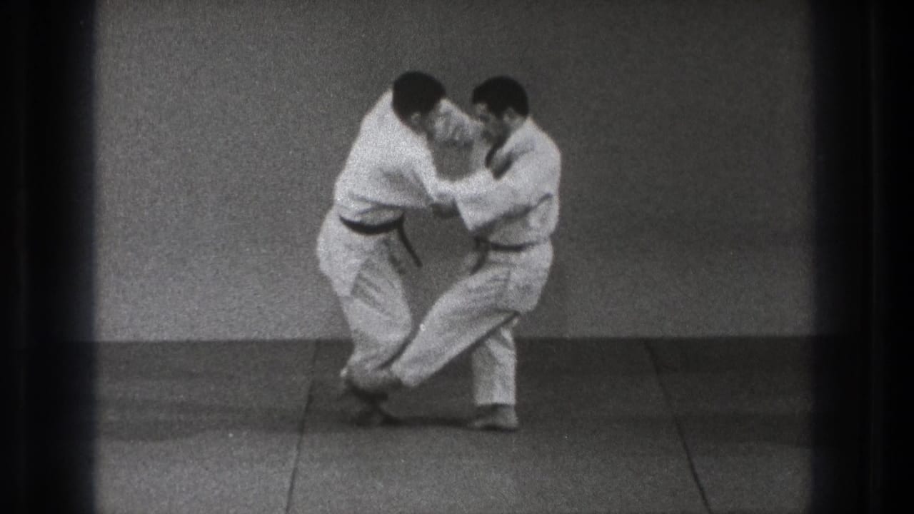 The sequence reaches a controlled off-balance position as one practitioner lifts a leg while both maintain close grips on the mat.