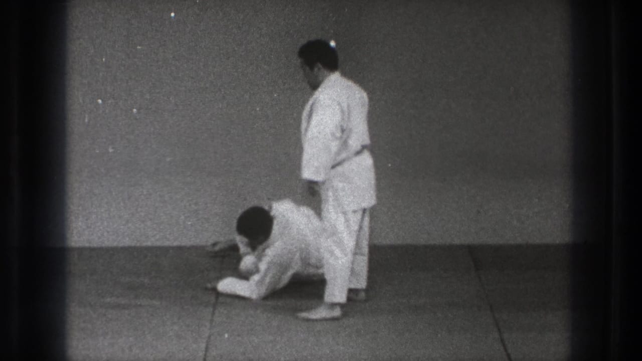 One judo trainee lies on the mat while the other stands nearby in a white uniform.