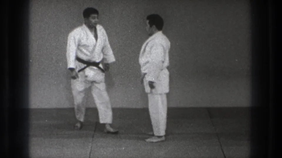Two adult judo practitioners face one another in a Tokyo dojo, suggesting a pause or respectful reset after training.