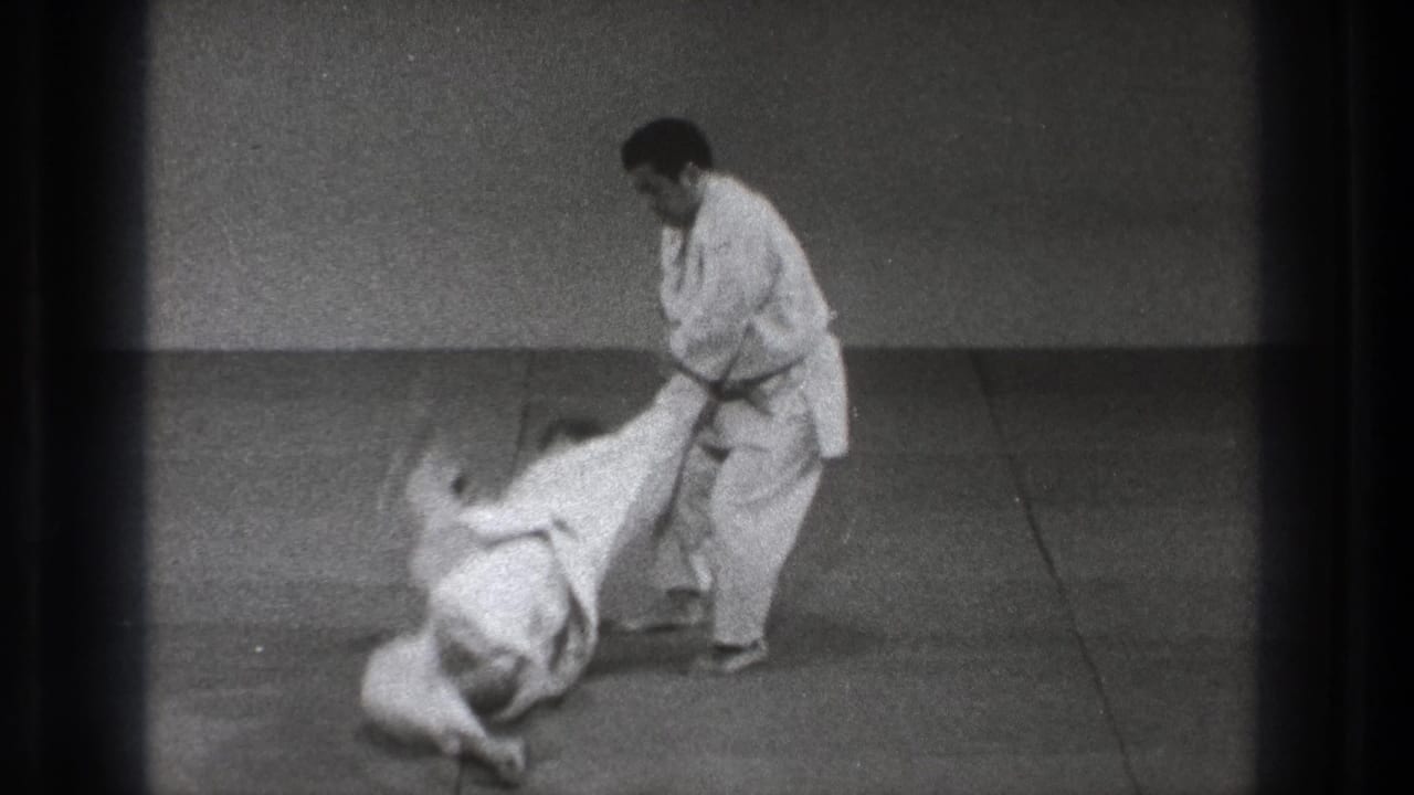 During the throw sequence, one man lands on the mat while the dark-belt practitioner remains standing and controls the movement.