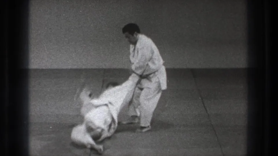 During the throw sequence, one man lands on the mat while the dark-belt practitioner remains standing and controls the movement.