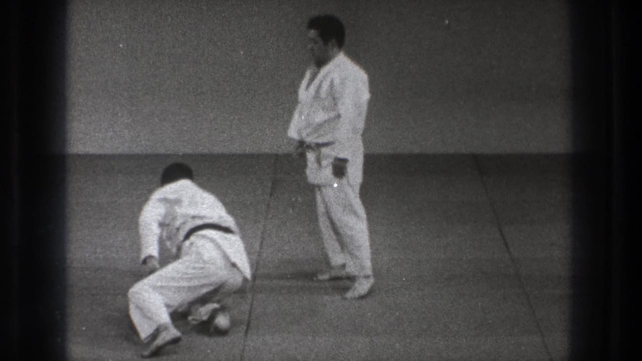 A man in a white martial arts uniform gets up from the mat while his partner stands beside him in the dojo.