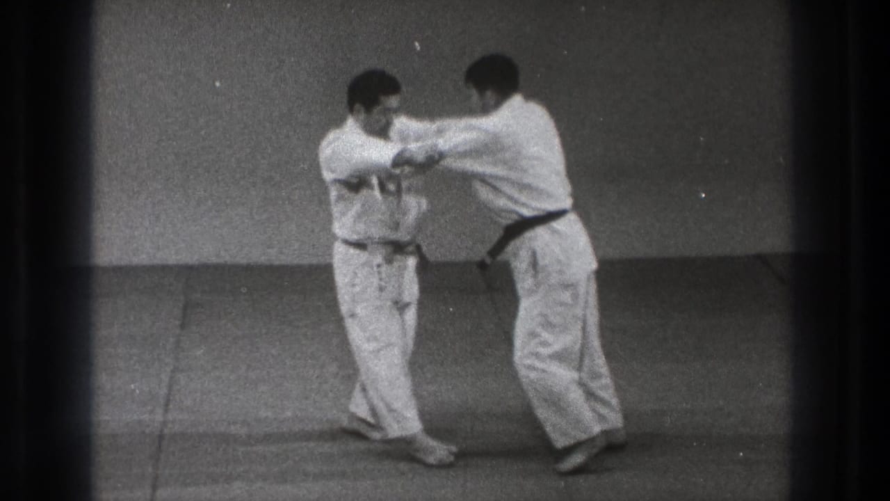 During the 8mm training scene, one practitioner extends his arms while the other receives or redirects the movement on the dojo mat.
