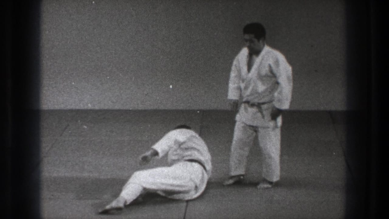 Two men in gi on dojo mats, with one seated on the floor after a throw.