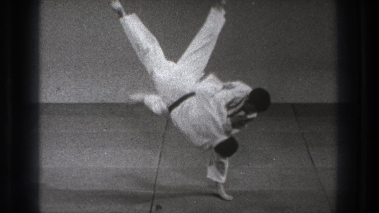 Two men in white gi demonstrate a martial arts throw on a mat.