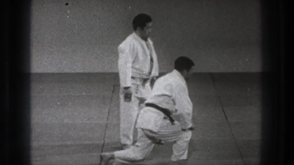 One adult practitioner rises from a kneeling position while another stands in profile on the mat in the Tokyo training scene.