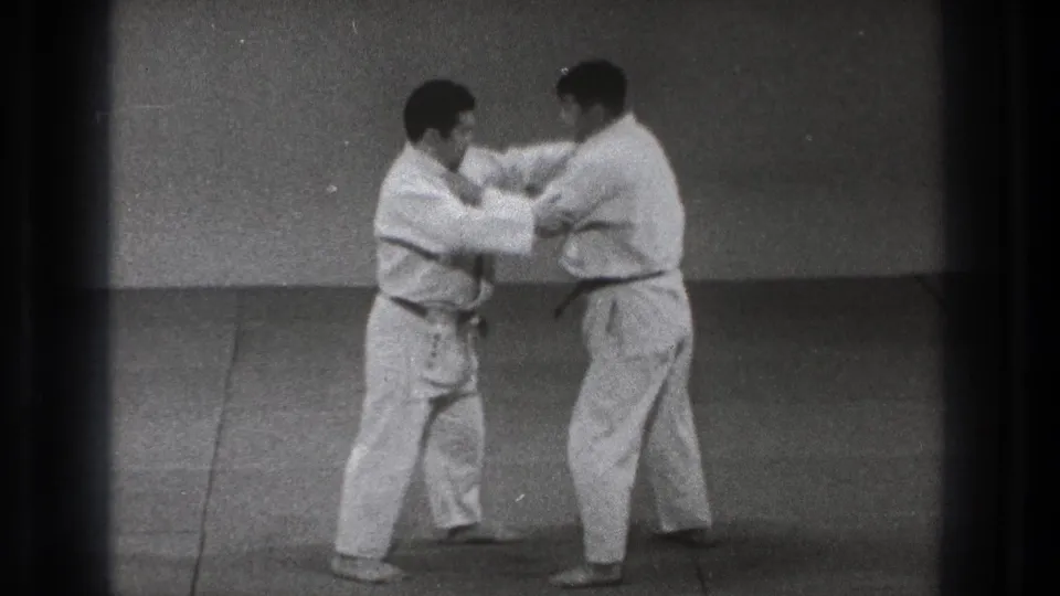 The two men hold each other's judo jackets while practicing a controlled standing technique on the mat.