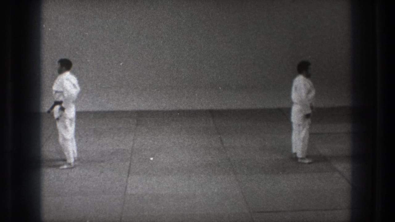 Two martial arts practitioners in white gi stand separated on the mat in Tokyo, with one dark belt visible.