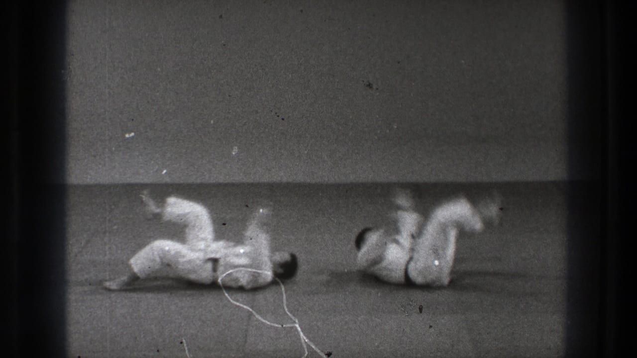 The throw sequence ends with both adult martial artists on the indoor mat, one rolling through the fall and the other landing nearby.