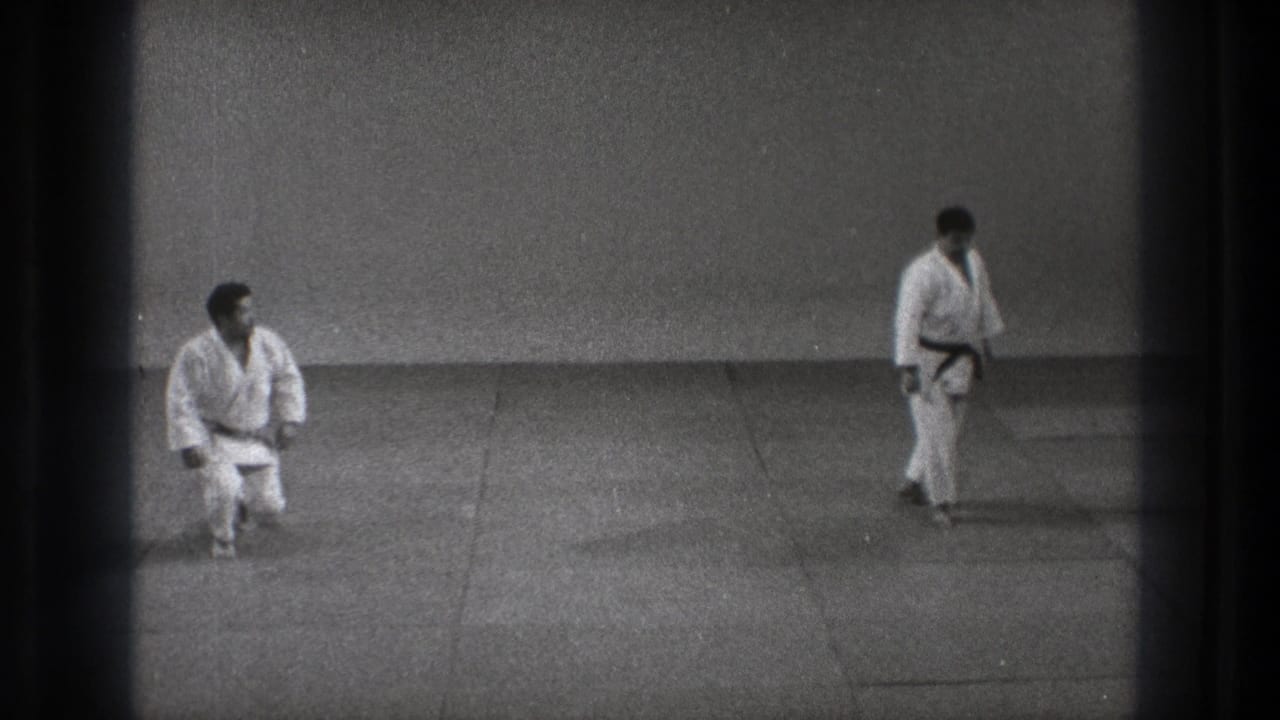 A man in a white gi kneels on the mat while another man stands farther across the dojo.
