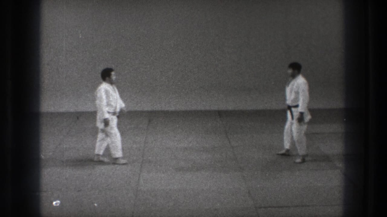 The two karate practitioners face each other in the sparse Tokyo training room, appearing ready for the next technique.