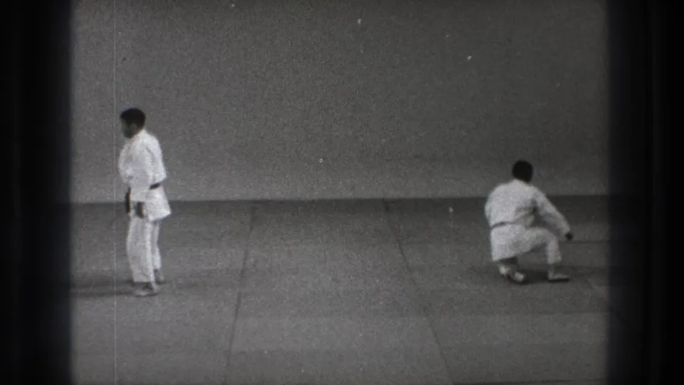 After the technique, one gi-clad man stands while the other sits on the mat in a plain Tokyo training room.