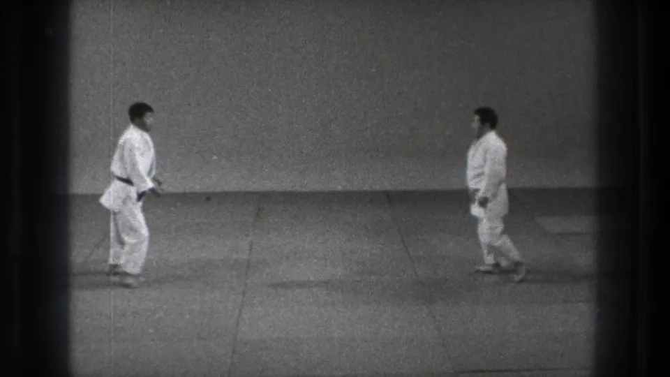 The practitioners face one another in white gi on a plain mat, with dark 8mm frame edges around the dojo scene.