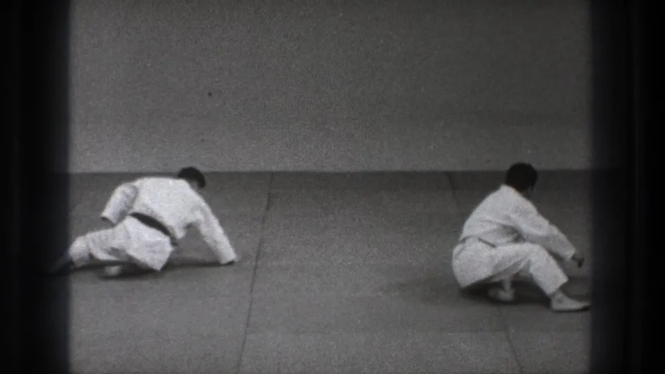 At the end of the Tokyo 1971 judo sequence, both practitioners reset on the mat, one pushing up while the other sits or kneels nearby.