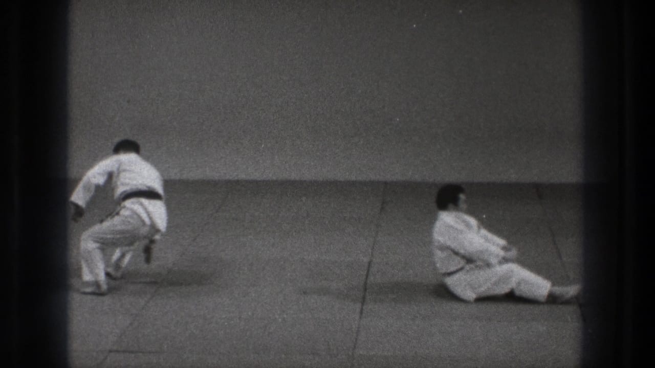 After the throw, one adult practitioner is seated on the tatami while the other remains upright nearby in the Tokyo judo practice footage.