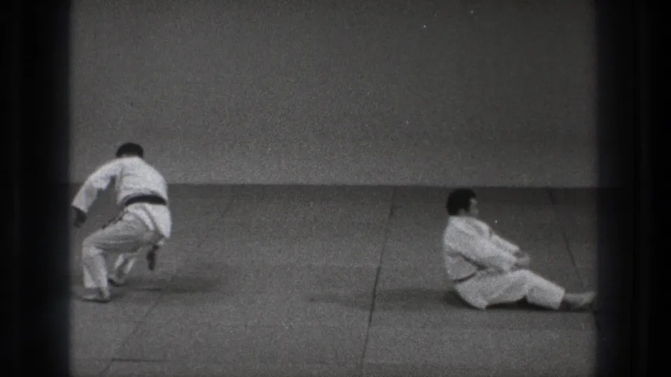 After the throw, one adult practitioner is seated on the tatami while the other remains upright nearby in the Tokyo judo practice footage.